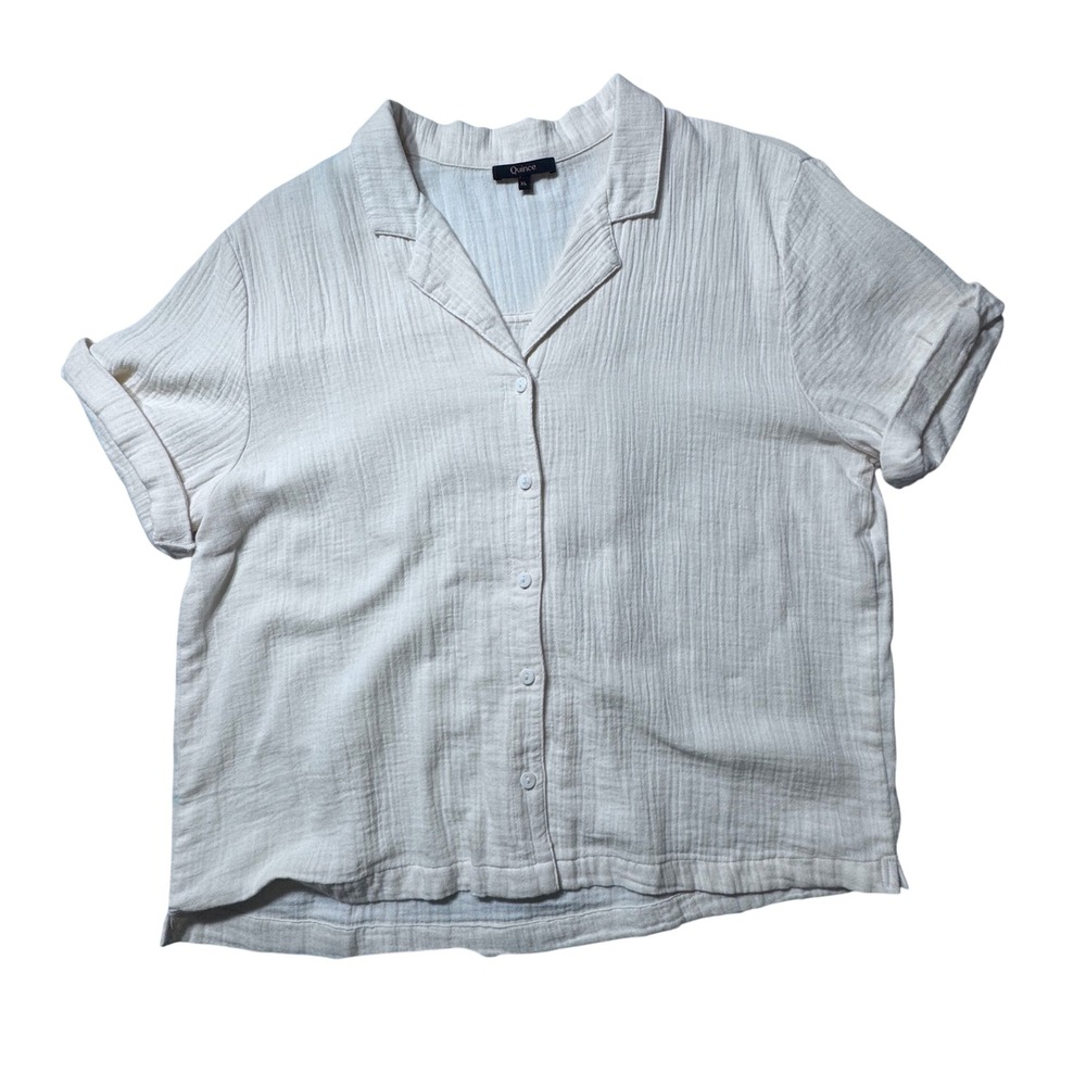 Quince Gauze Button Down Shirt Womens XL Cream Short Sleeve Coastal Minimalist